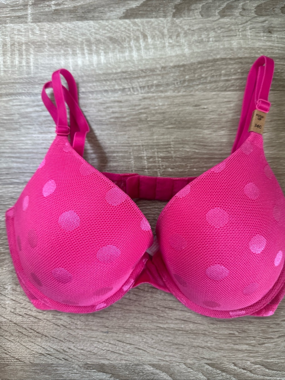 Nwt Pink By Victoria’s Secret Hot Pink Polkadot Bra, Size 34C Push-Up - Picture 5 of 9